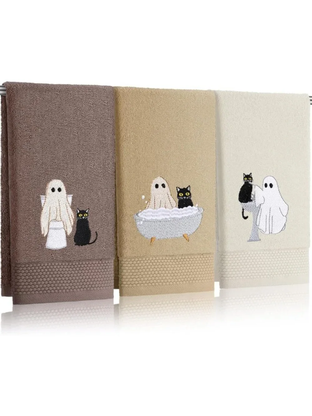 Set of 3 Brown Halloween Ghost Cat Hand Towels for Festive Bathroom Decor